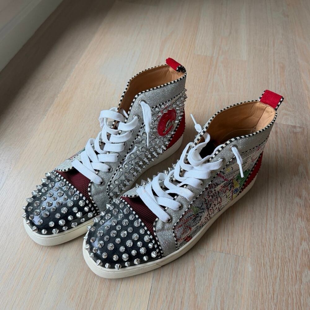 Christian Louboutin Louis Spiked Sequin High Top Sneakers Silver Red Men’s EU 45